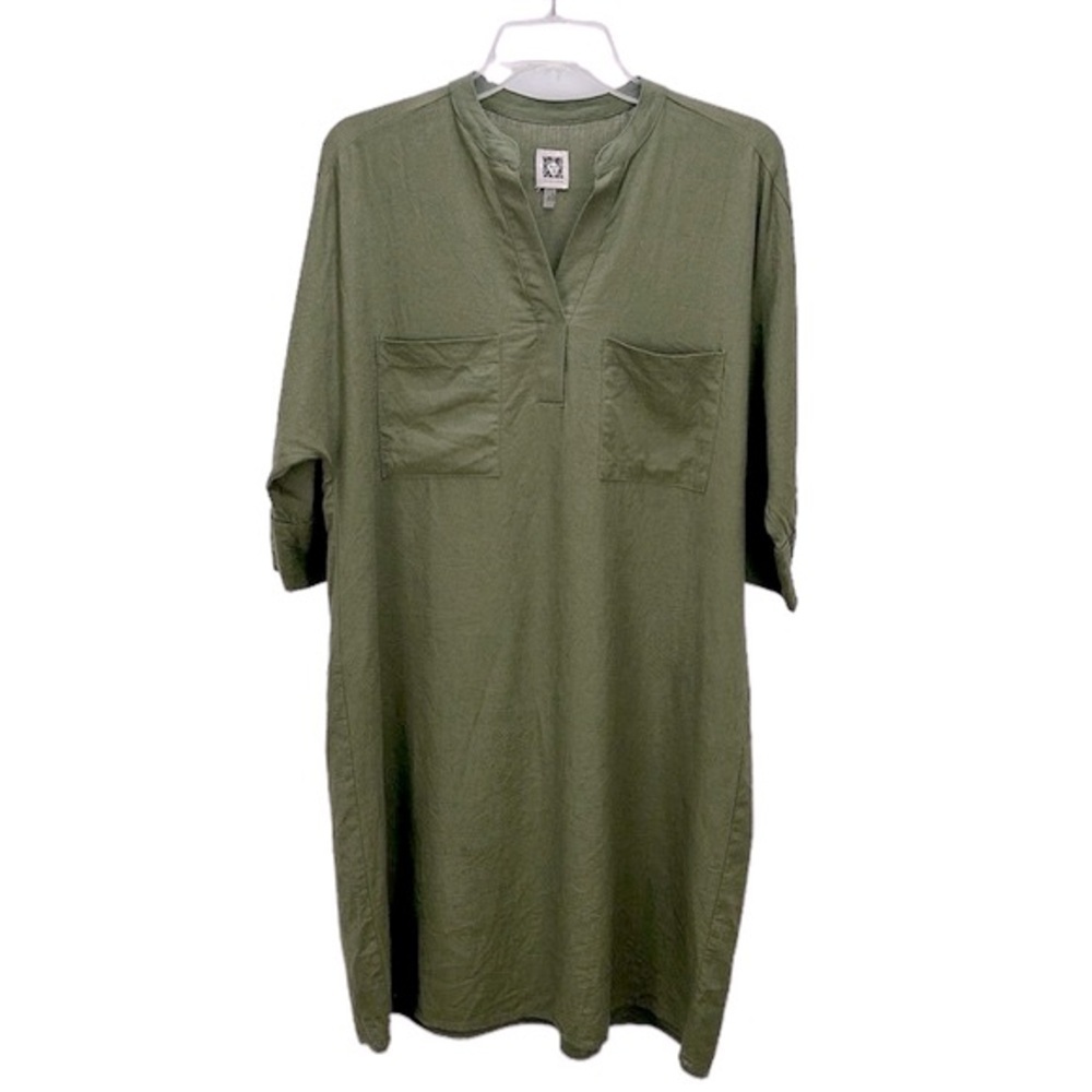 Anne Klein Army Green Linen Blend‎ Oversized Shirt Dress Size 4 Chest Pockets